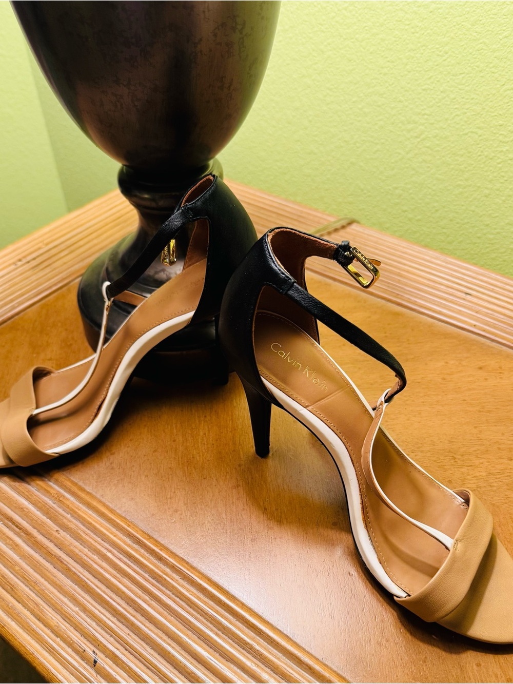 Calvin Klein Black and Tan Strappy Ankle-Heel Sandals